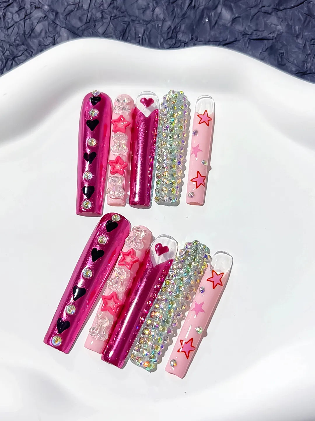 Pink White Red Solid color Bow Heart Rhinestone 3D press on nails close up