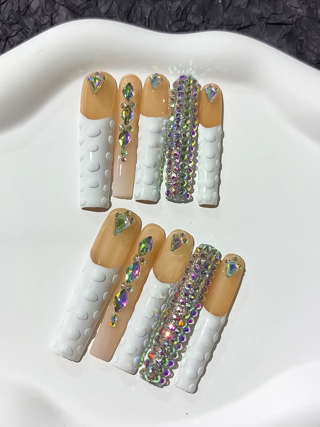 Orange Nude Gold Solid color Rhinestone Metallic Accent press on nails close up