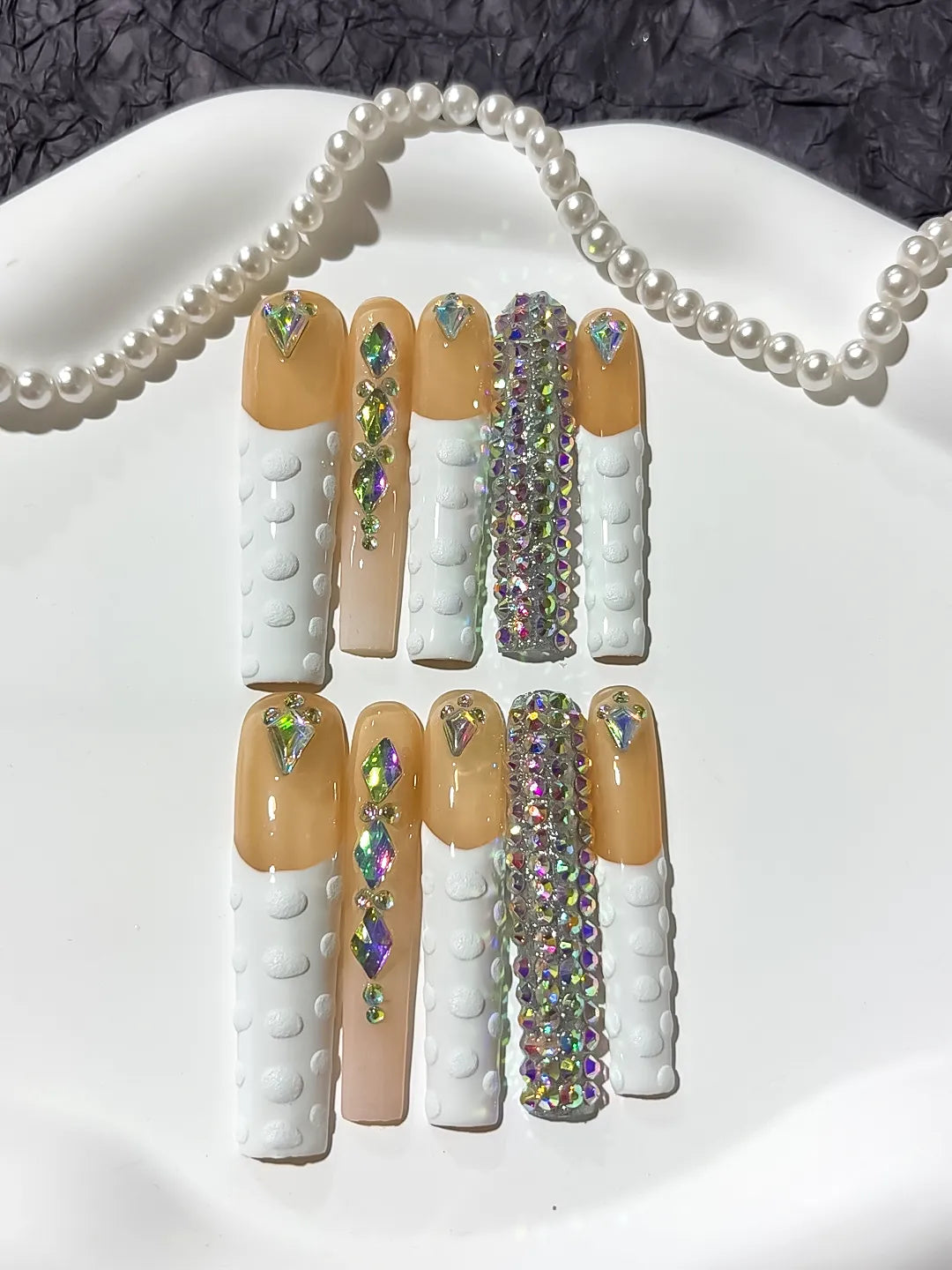 Orange Nude Gold Solid color Rhinestone Metallic Accent press on nails detail view
