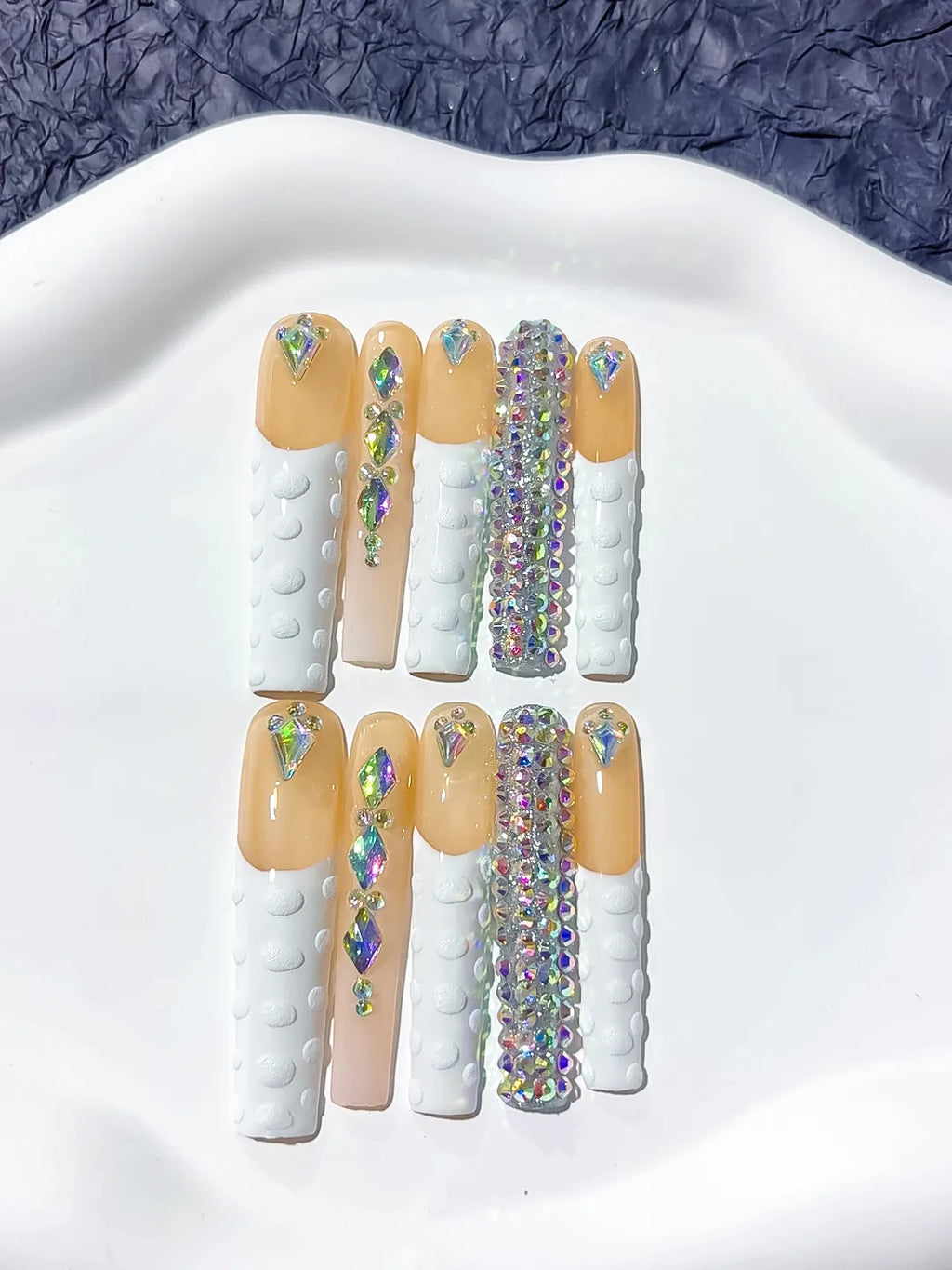 Orange Nude Gold Solid color Rhinestone Metallic Accent press on nails detail view