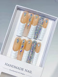 Orange Nude Gold Solid color Rhinestone Metallic Accent press on nails