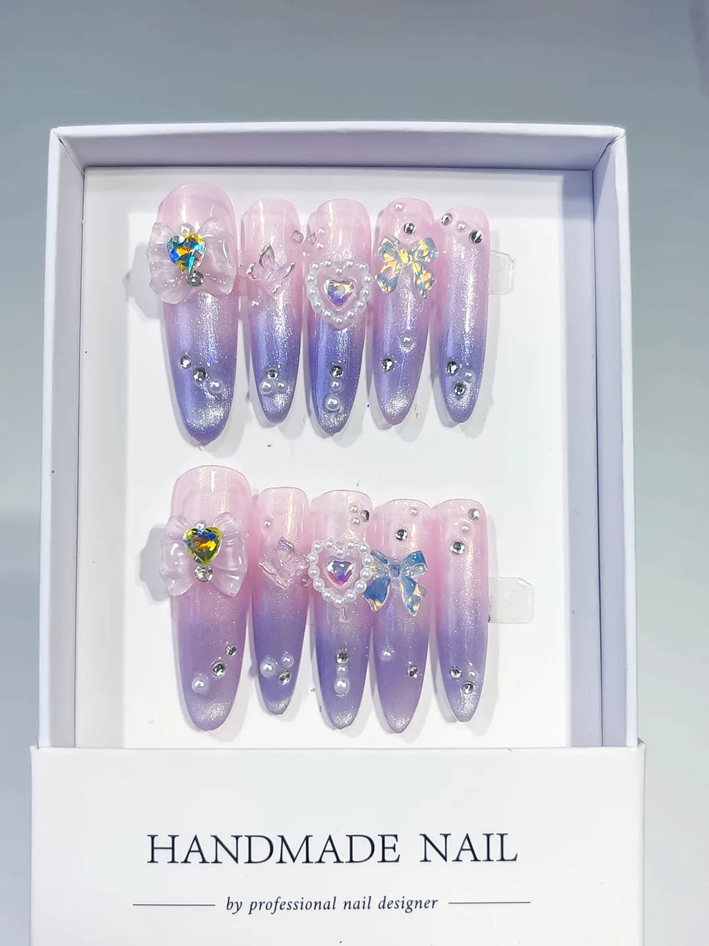Purple Pink Silver Abstract Swirl Glitter press on nails full set view