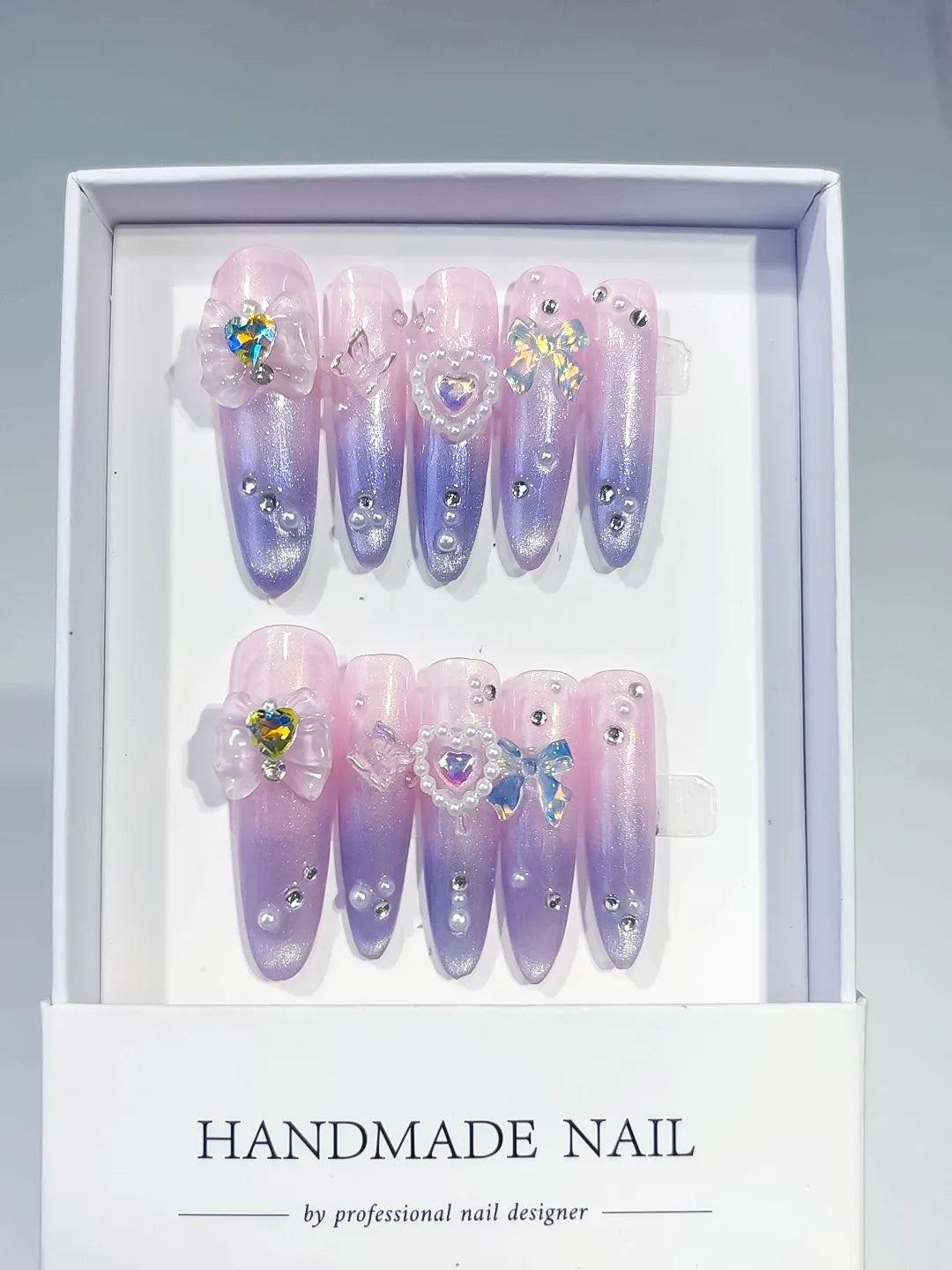 Purple Pink Silver Abstract Swirl Glitter press on nails full set view