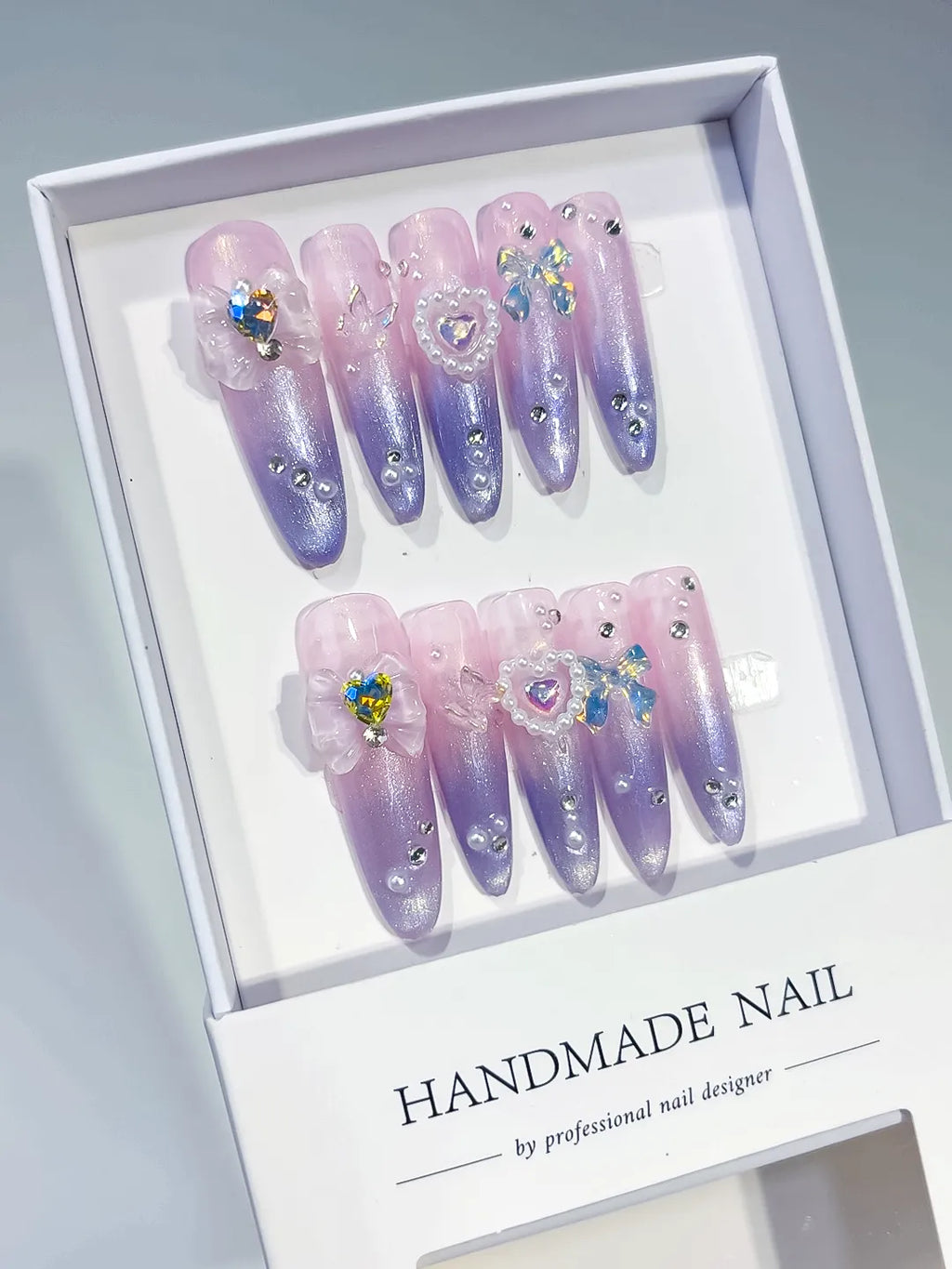 Purple Pink Silver Abstract Swirl Glitter press on nails angled view