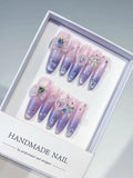Purple Pink Silver Abstract Swirl Glitter press on nails
