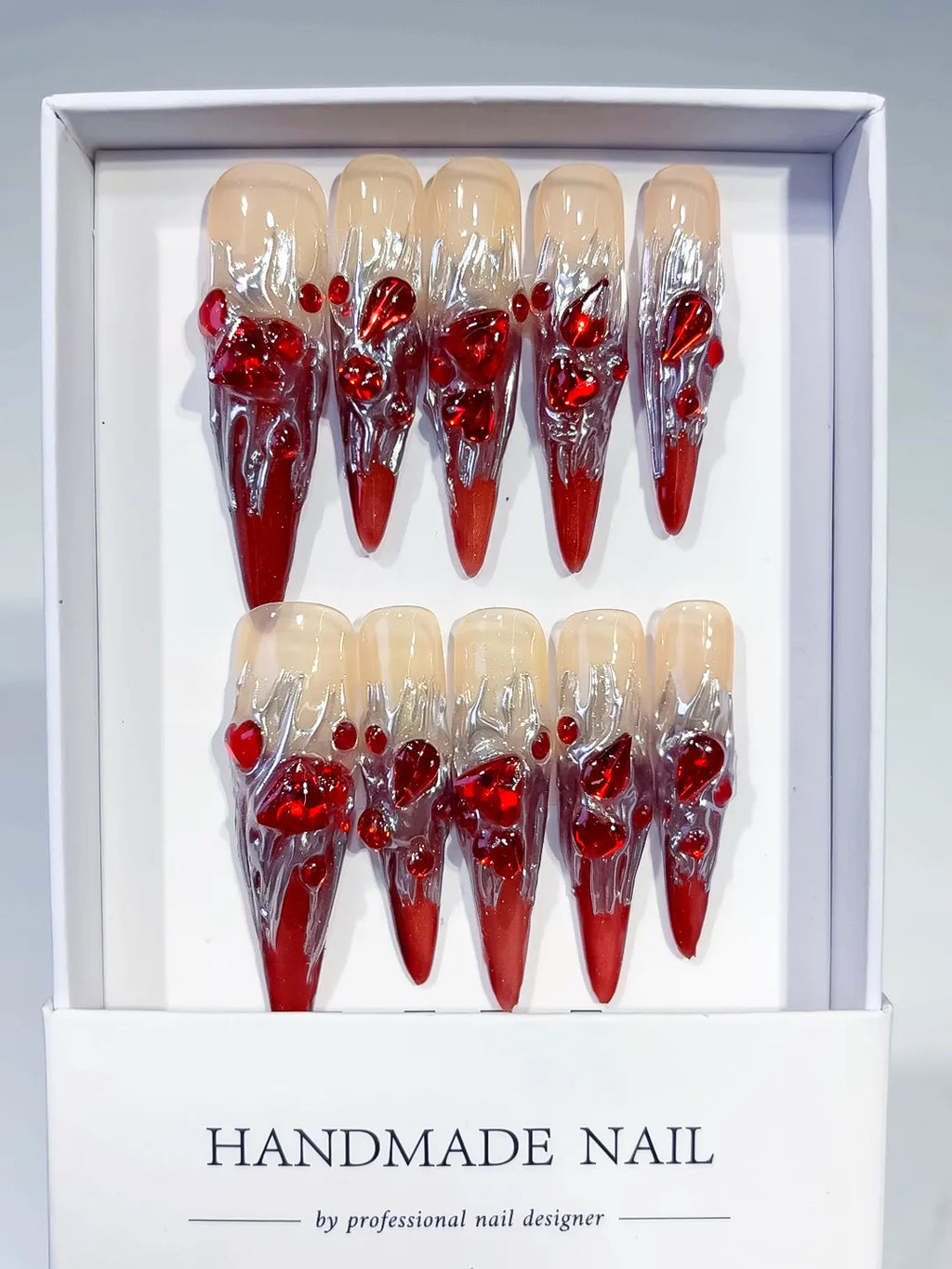 Red White Gold Abstract Bow Metallic Accent press on nails full set view