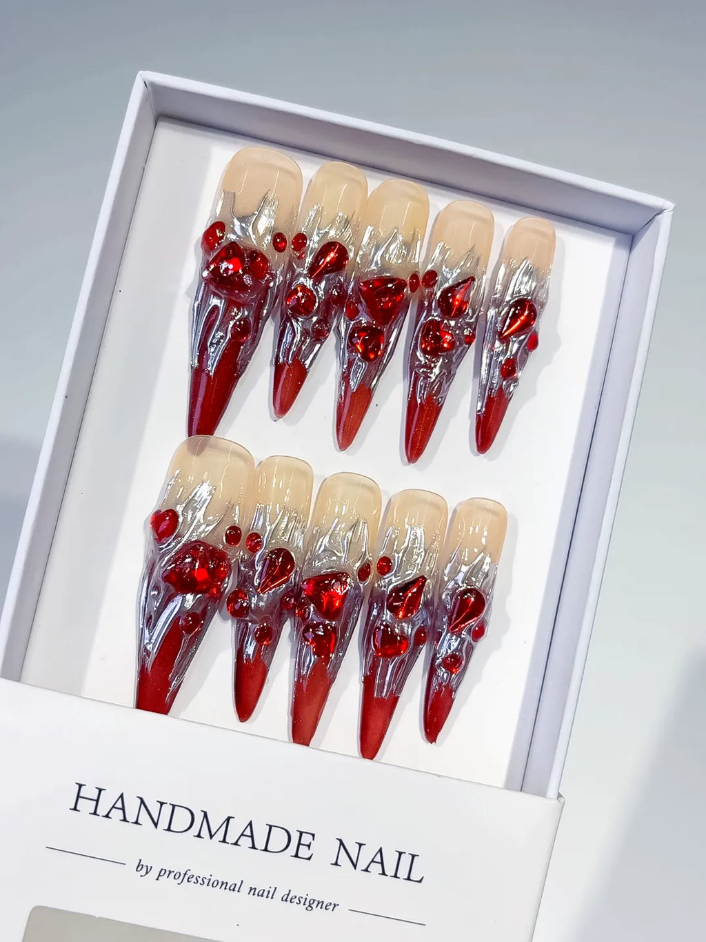 Red White Gold Abstract Bow Metallic Accent press on nails