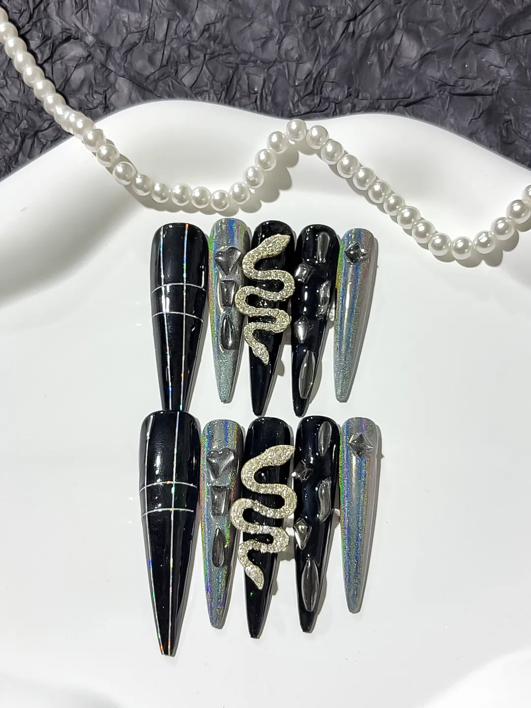 Black Silver Solid color Snake Rhinestone 3D press on nails close up