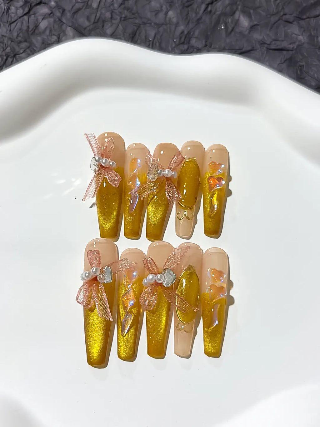 Yellow Nude French tip Metallic Accent press on nails close up