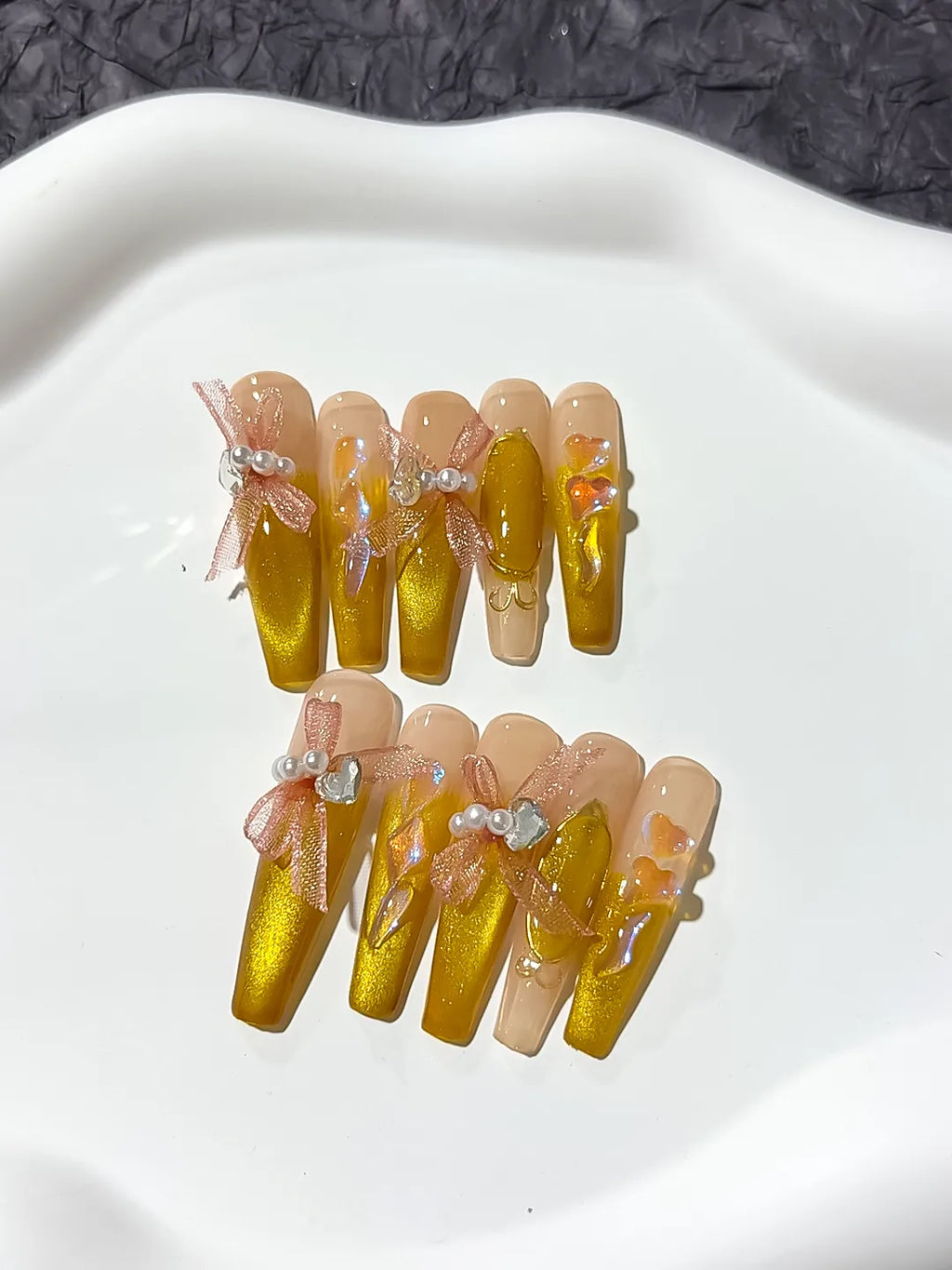 Yellow Nude French tip Metallic Accent press on nails detail view