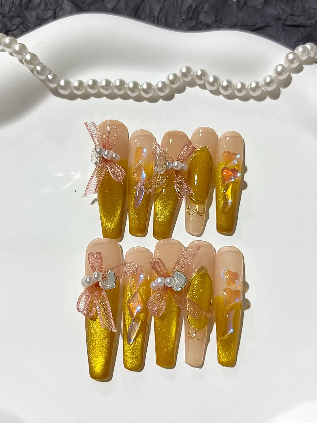 Yellow Nude French tip Metallic Accent press on nails detail view