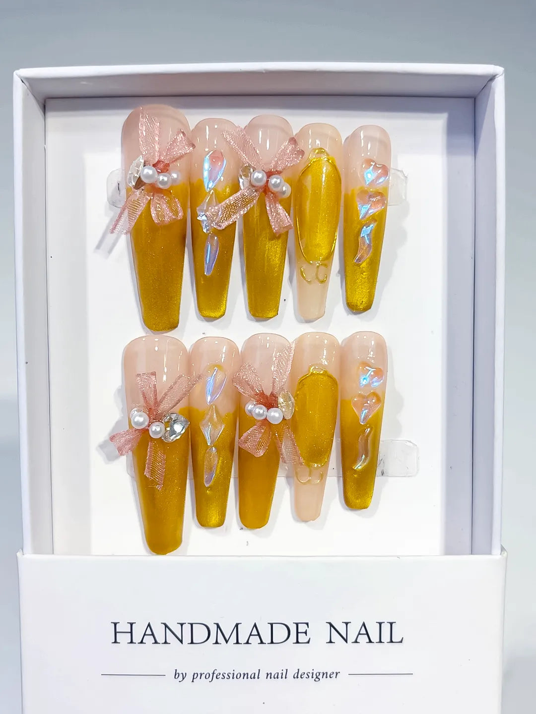 Yellow Nude French tip Metallic Accent press on nails full set view
