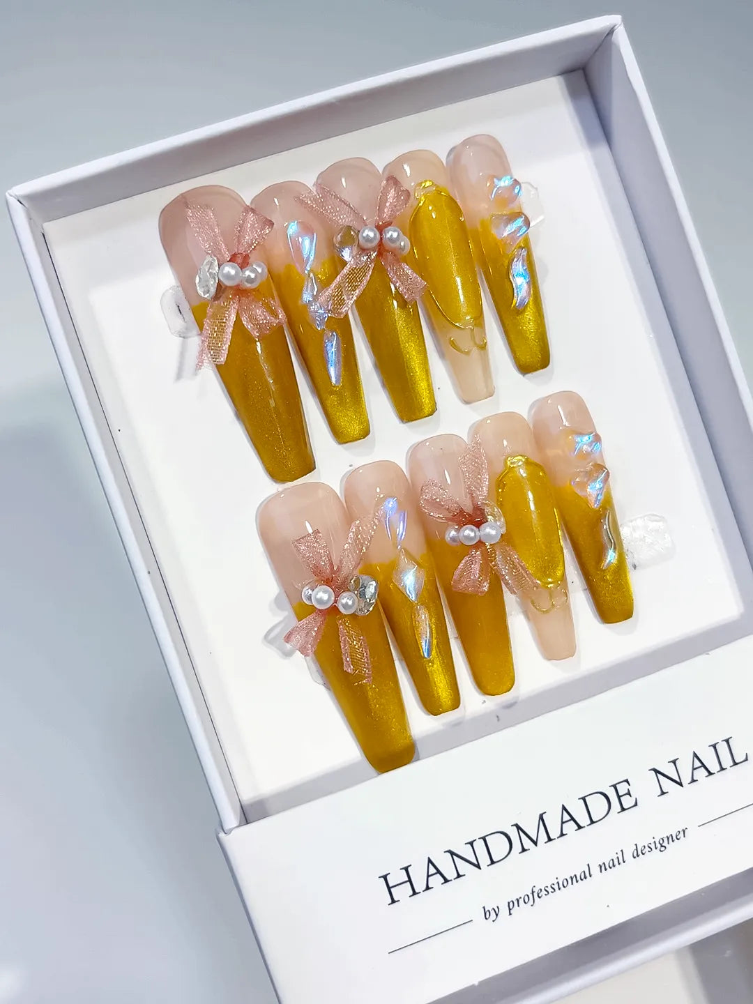 Yellow Nude French tip Metallic Accent press on nails angled view