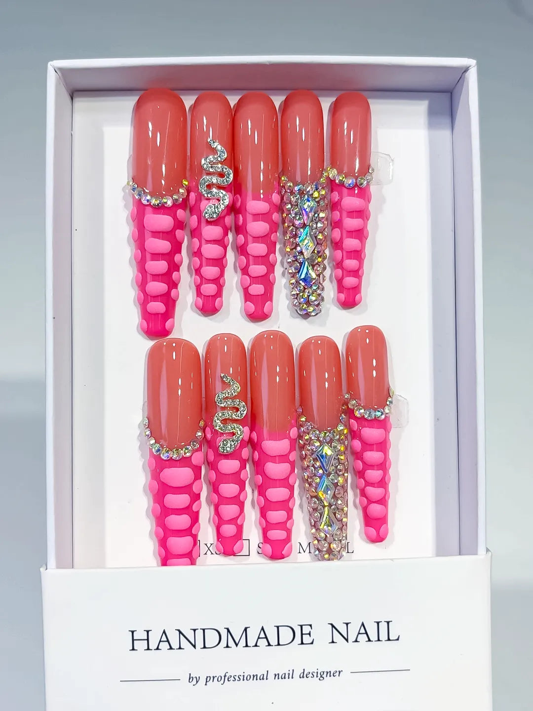Pink Silver Solid color Rhinestone Crystal Cluster press on nails full set view