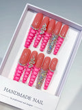 Pink Silver Solid color Rhinestone Crystal Cluster press on nails