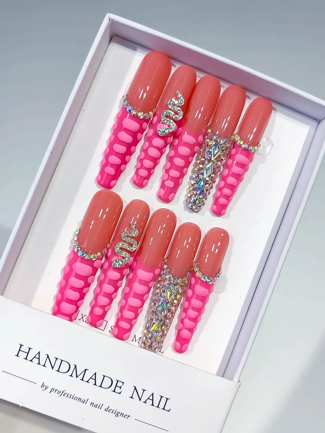 Pink Silver Solid color Rhinestone Crystal Cluster press on nails