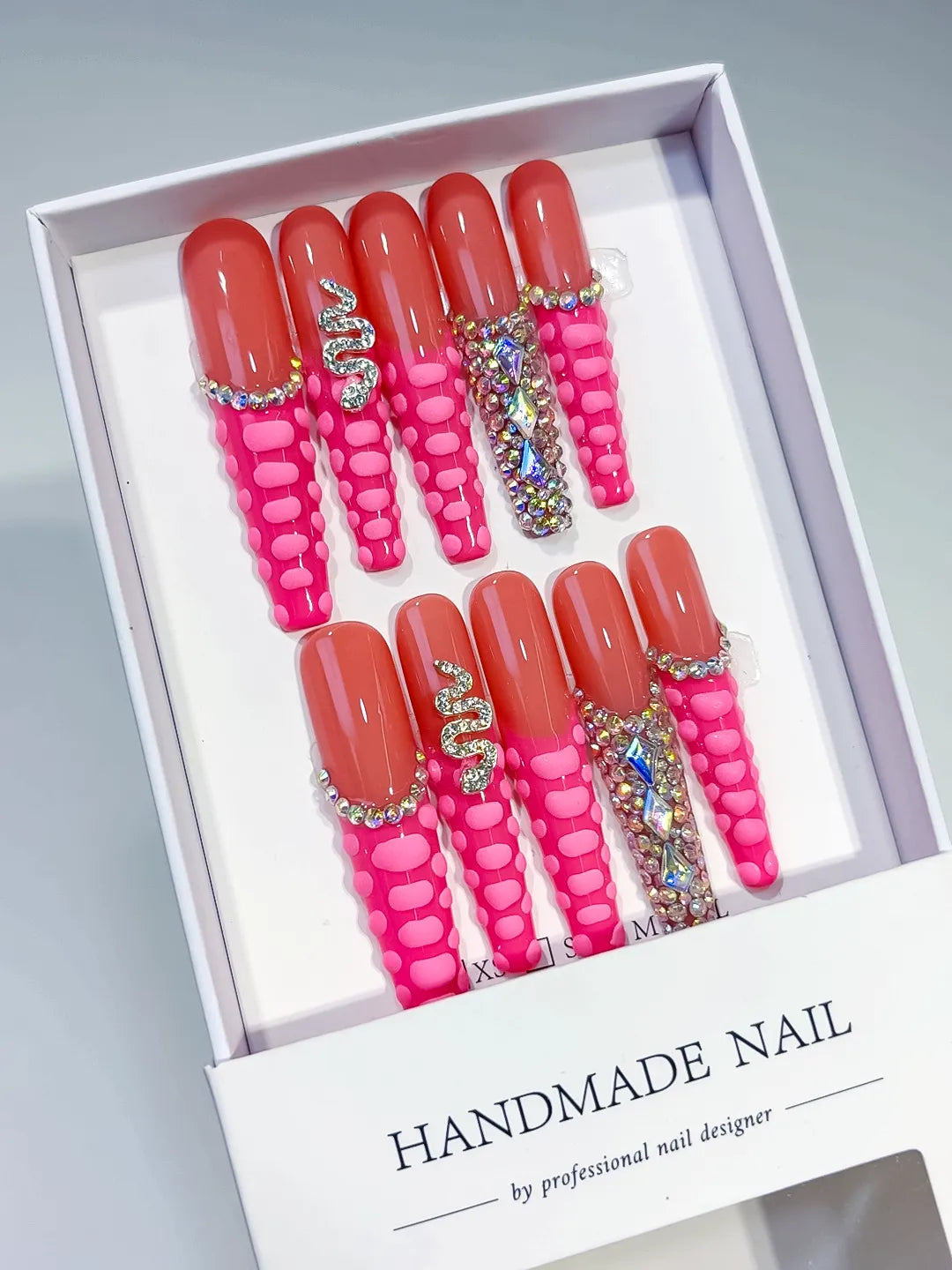 Pink Silver Solid color Rhinestone Crystal Cluster press on nails angled view