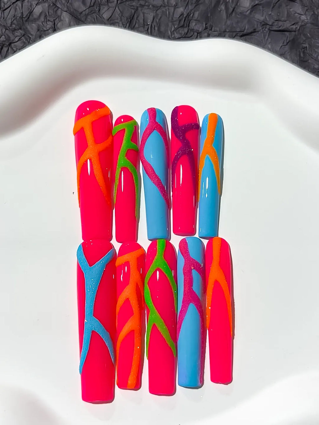 Pink Blue Abstract Swirl press on nails detail view