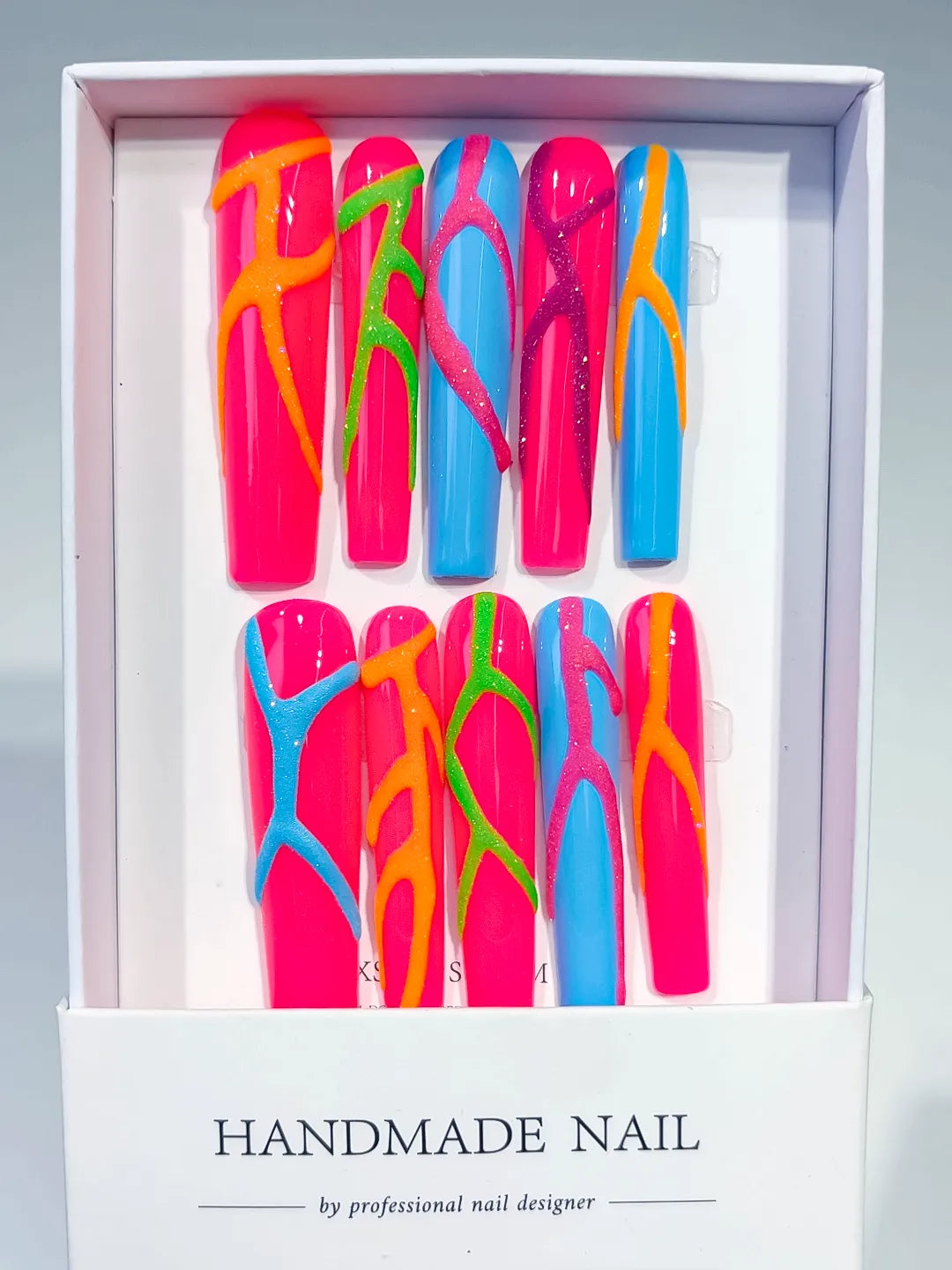 Pink Blue Abstract Swirl press on nails full set view