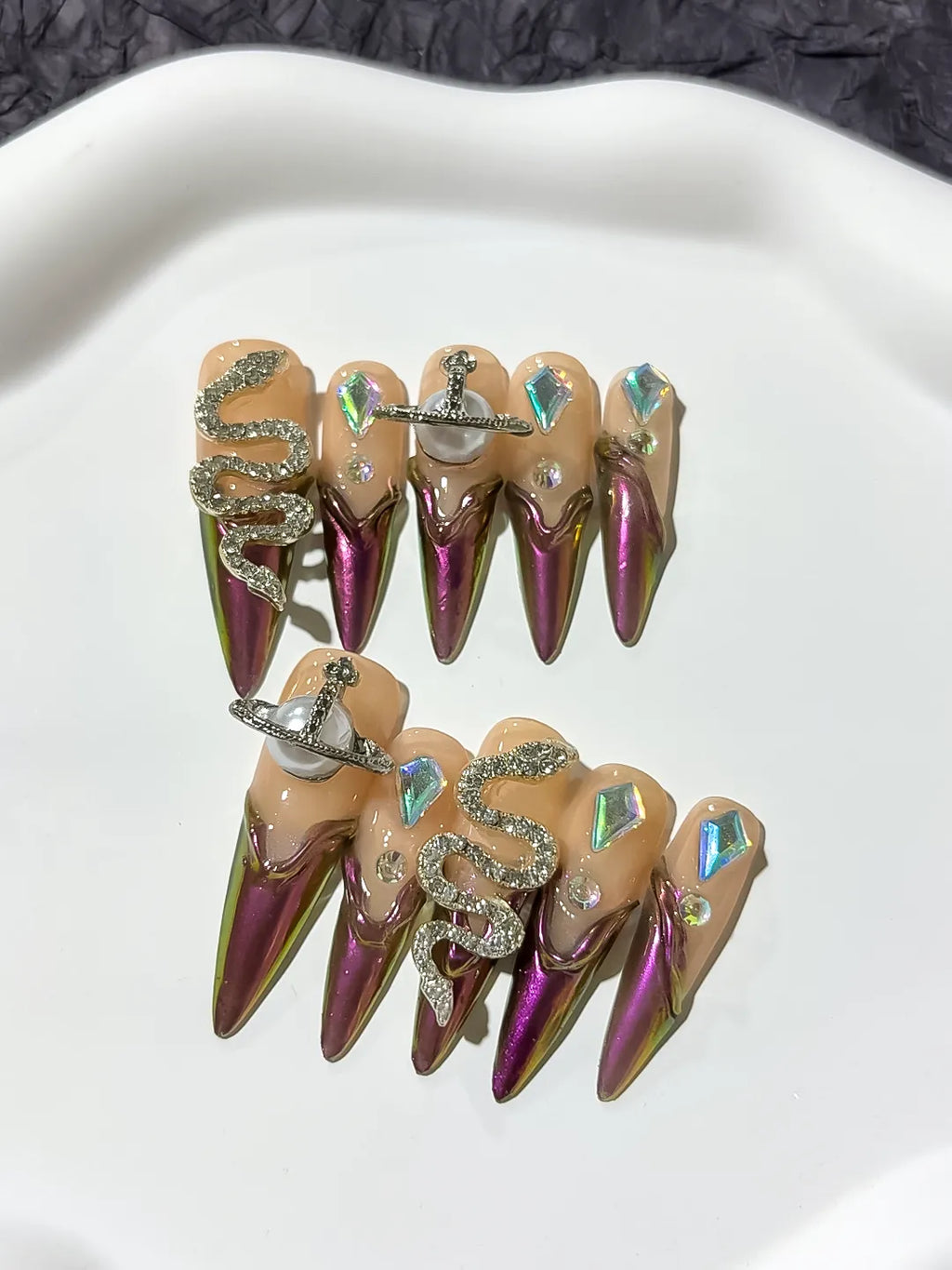 Brown Nude Gold Abstract Animal Print Metallic Accent press on nails detail view