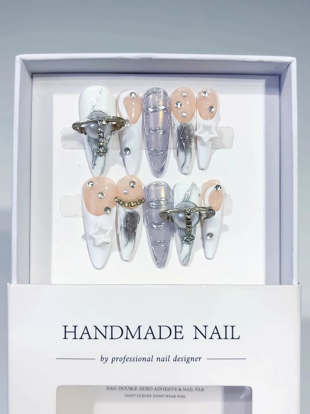 White Silver Solid color Bow Rhinestone 3D press on nails full set view