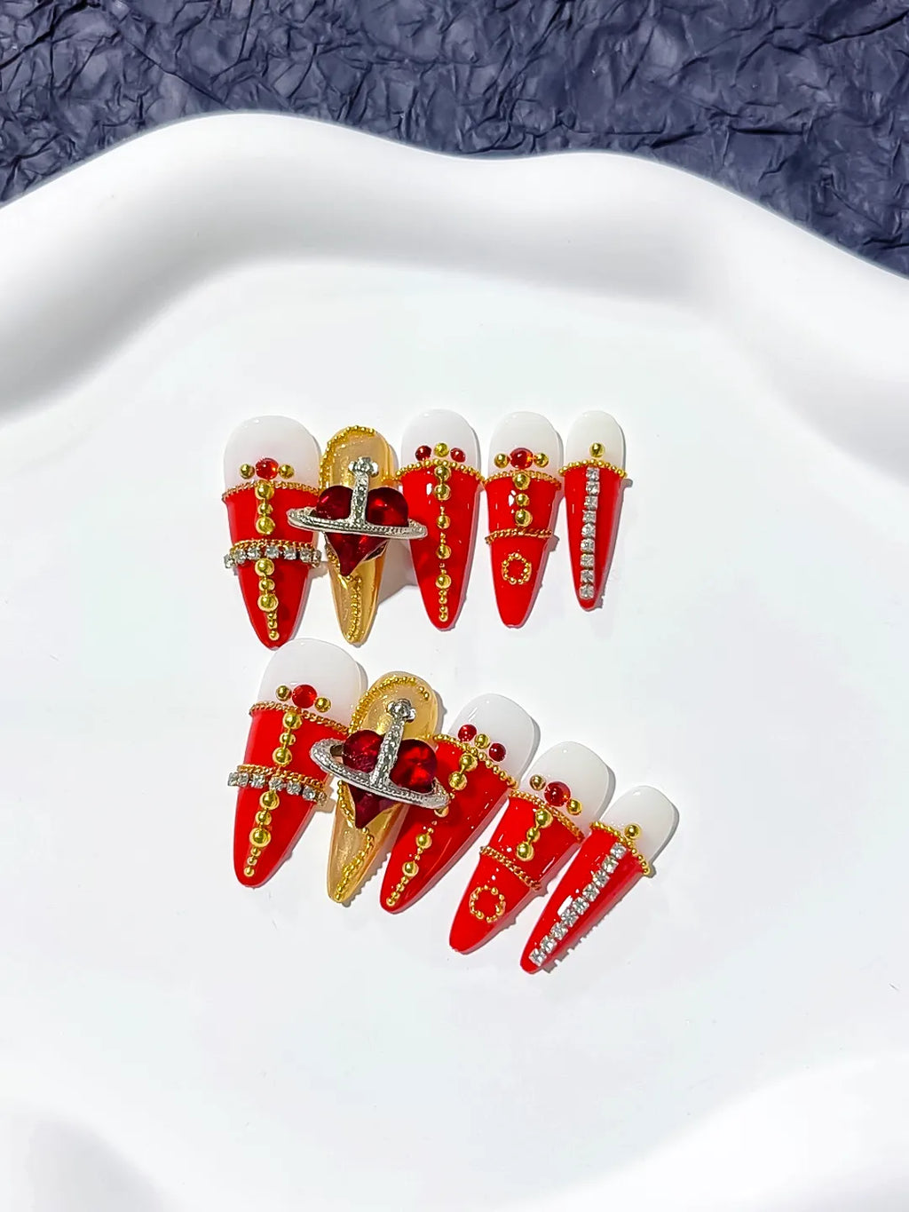 Red Gold White French tip Flower Metallic Accent press on nails close up