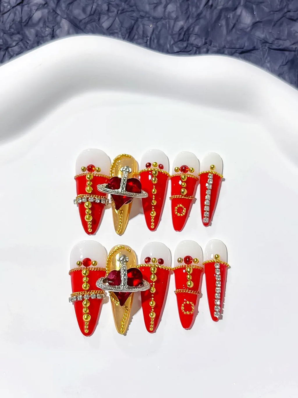 Red Gold White French tip Flower Metallic Accent press on nails detail view