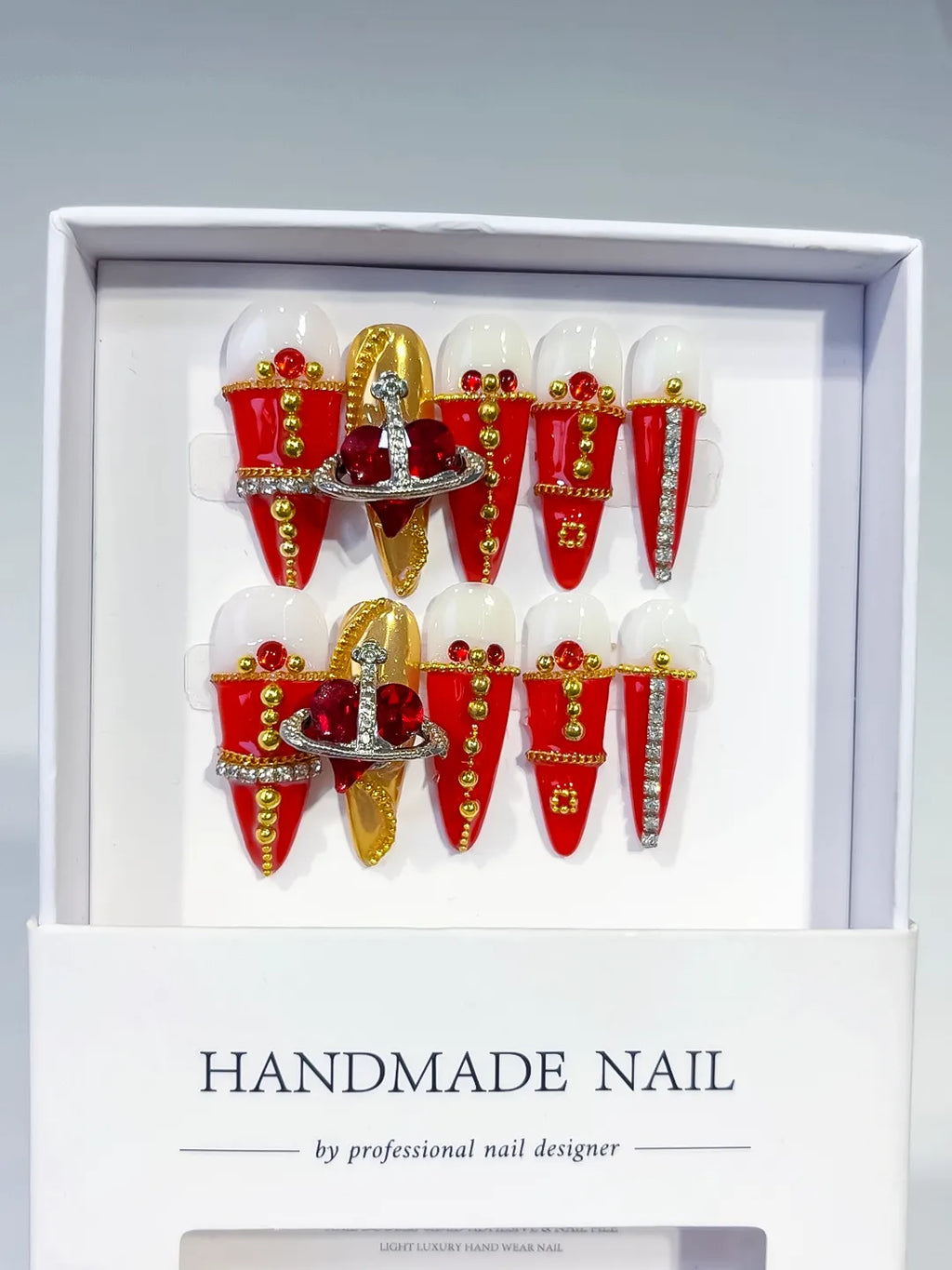 Red Gold White French tip Flower Metallic Accent press on nails full set view