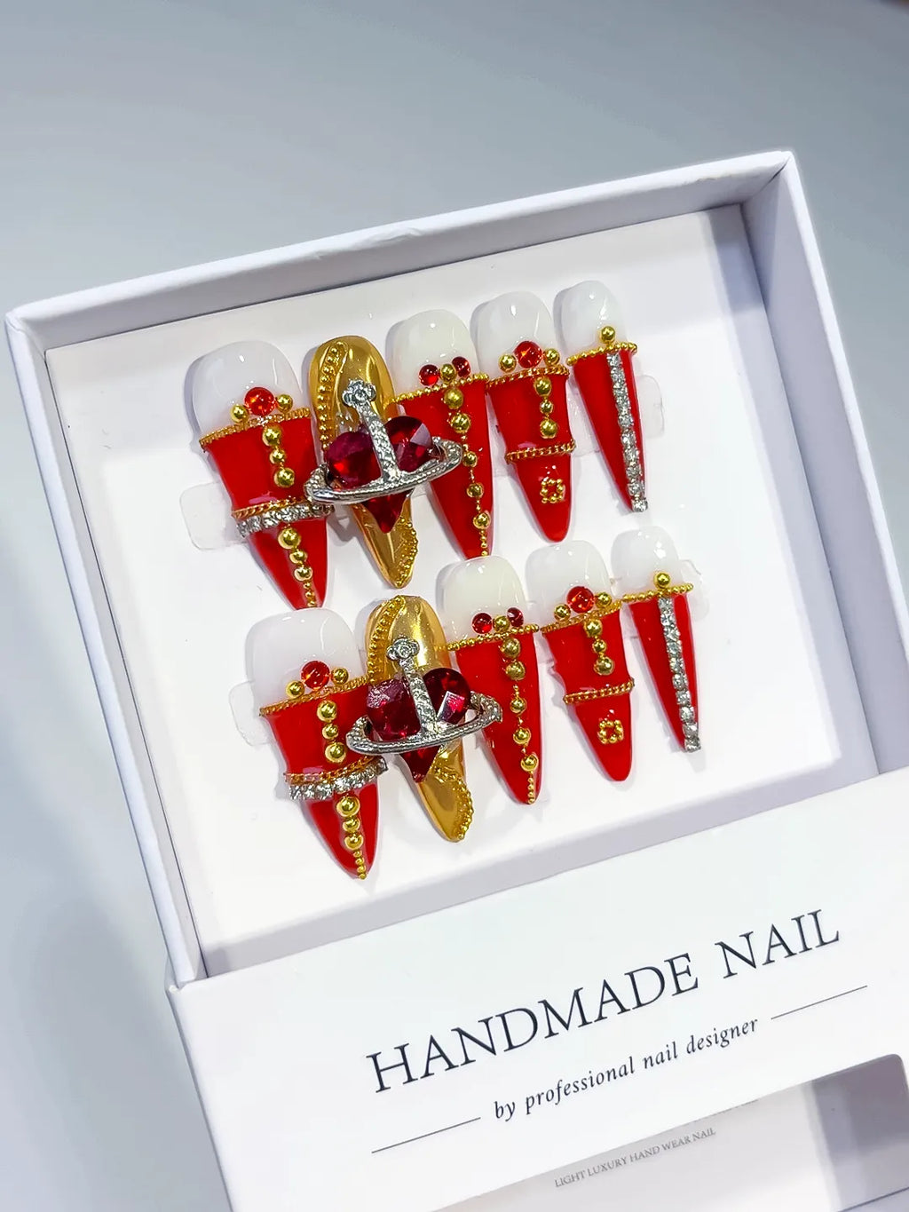 Red Gold White French tip Flower Metallic Accent press on nails angled view