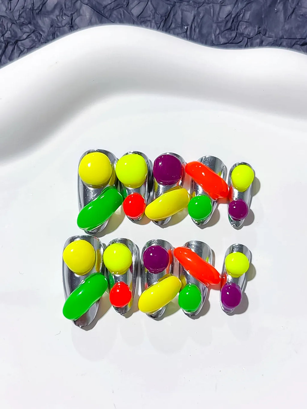 Green Red Yellow Black Abstract Fruit 3D press on nails detail view