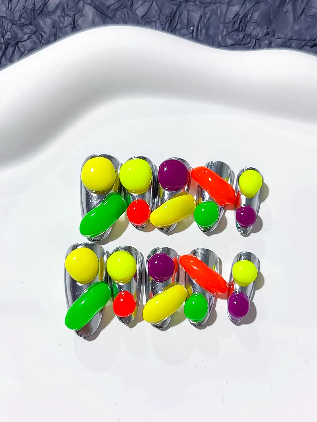 Green Red Yellow Black Abstract Fruit 3D press on nails detail view