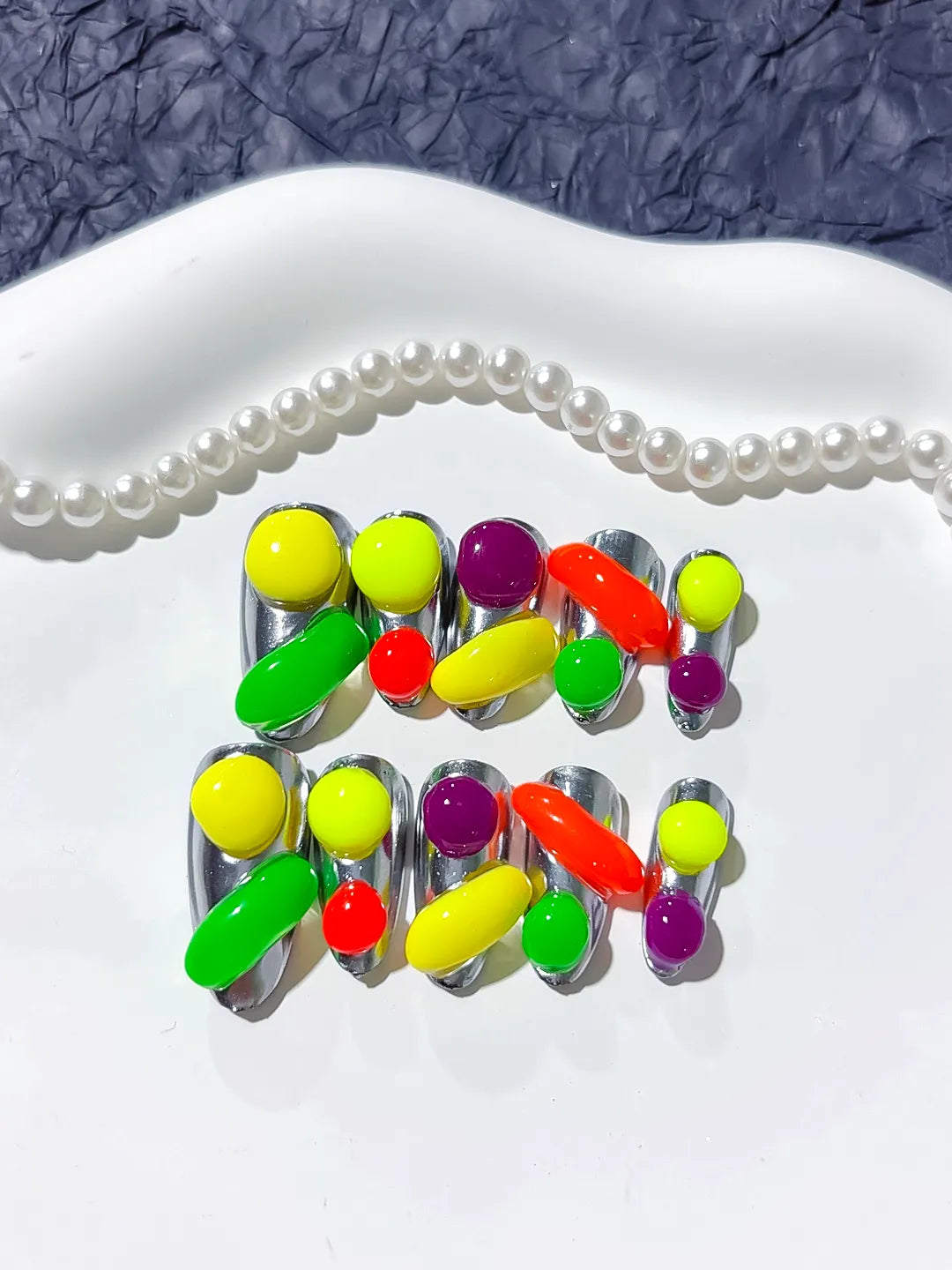 Green Red Yellow Black Abstract Fruit 3D press on nails detail view