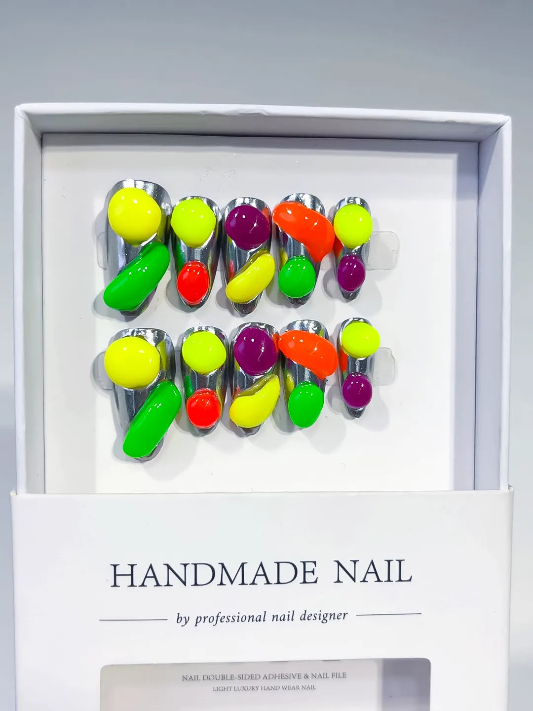 Green Red Yellow Black Abstract Fruit 3D press on nails full set view