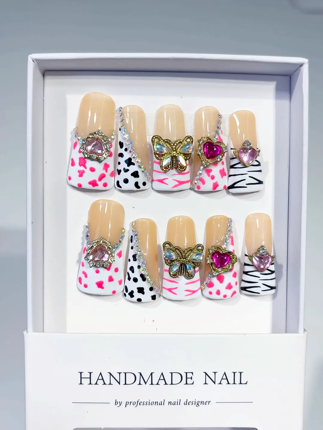 Nude White Pink Blue Abstract Flower Bow 3D press on nails full set view