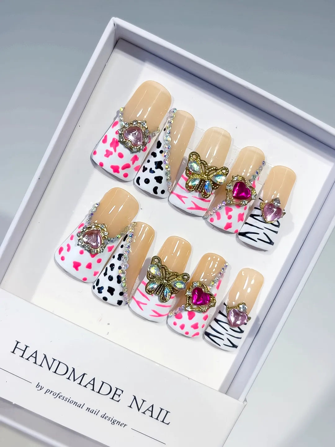 Nude White Pink Blue Abstract Flower Bow 3D press on nails