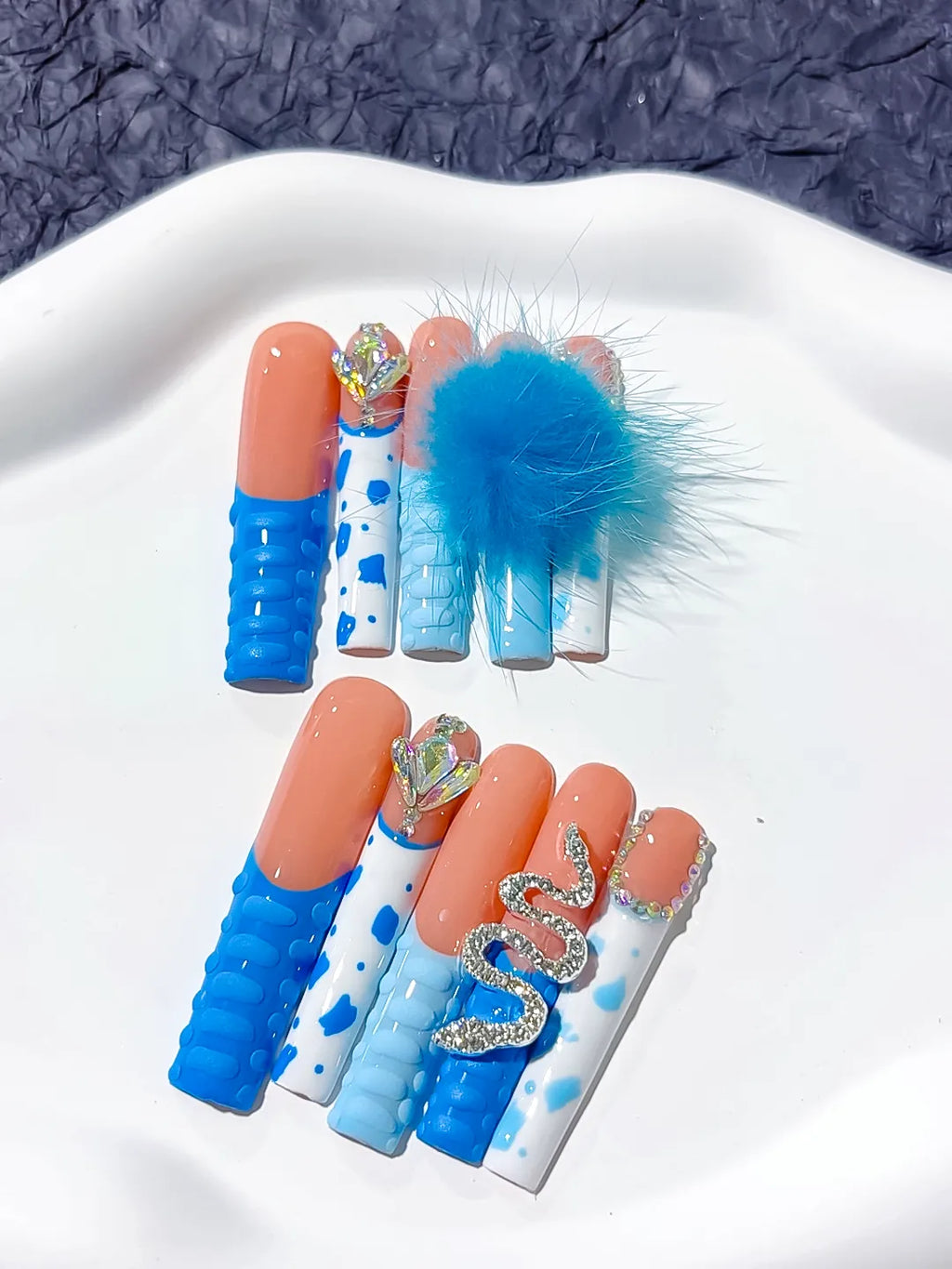 Blue Nude White Solid color Flower Fur Texture 3D press on nails close up
