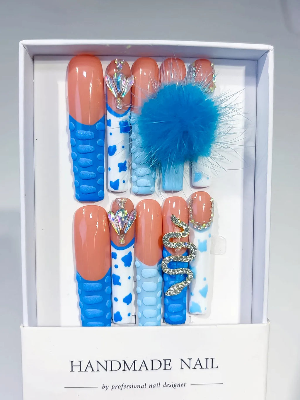 Blue Nude White Solid color Flower Fur Texture 3D press on nails full set view