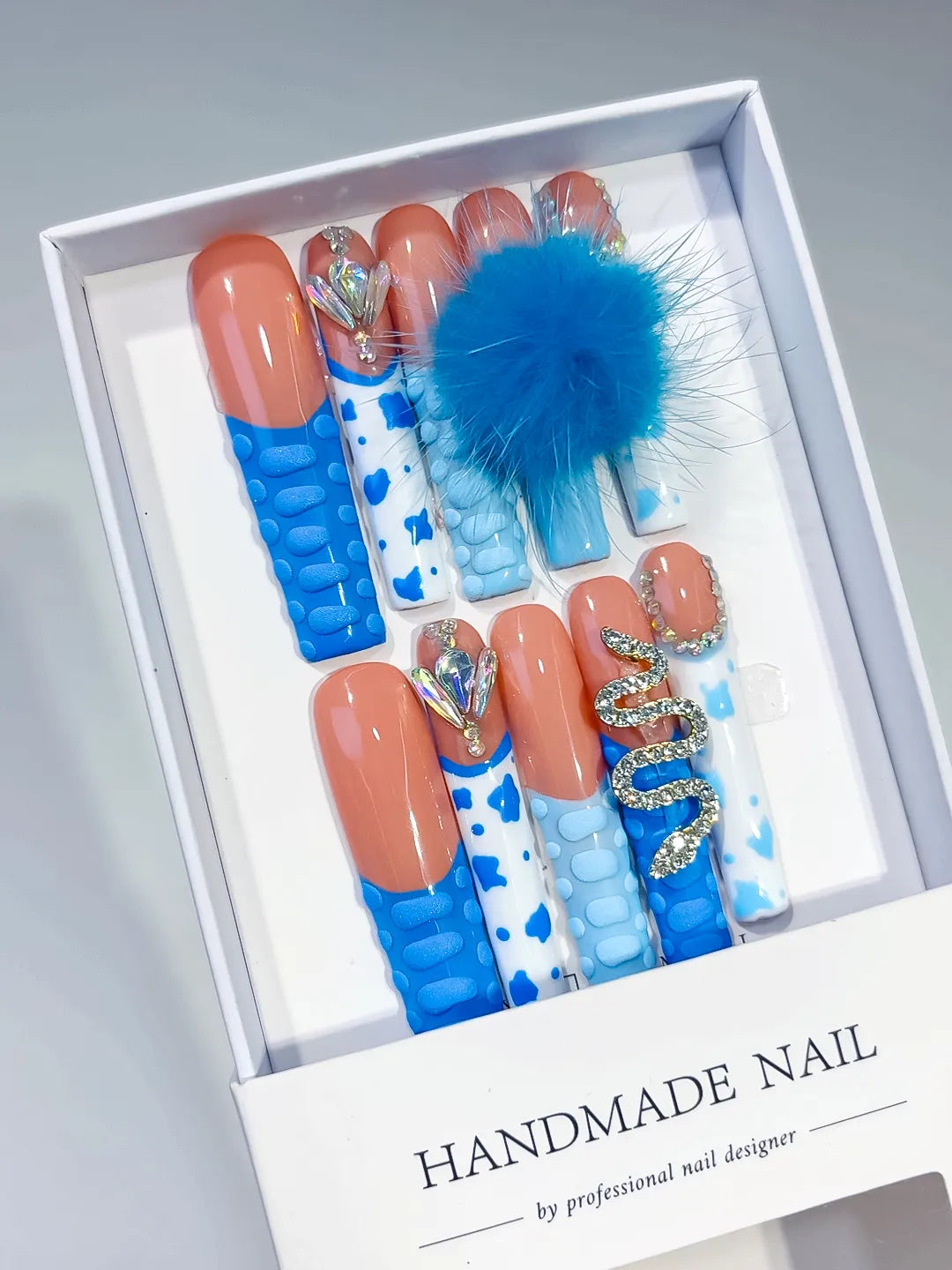Blue Nude White Solid color Flower Fur Texture 3D press on nails angled view