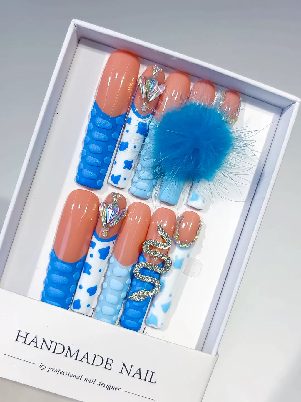 Blue Nude White Solid color Flower Fur Texture 3D press on nails