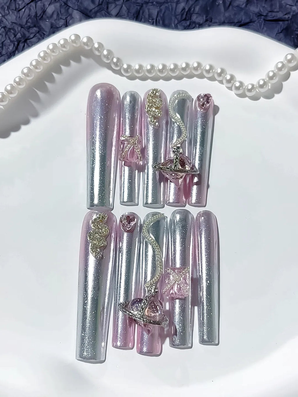 White Silver Multicolor Glitter Linework Rhinestone press on nails close up