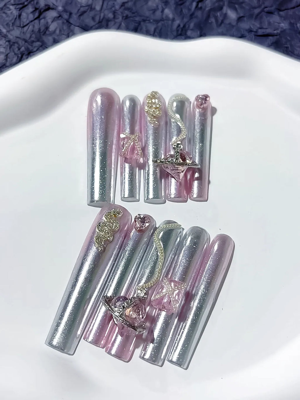 White Silver Multicolor Glitter Linework Rhinestone press on nails detail view