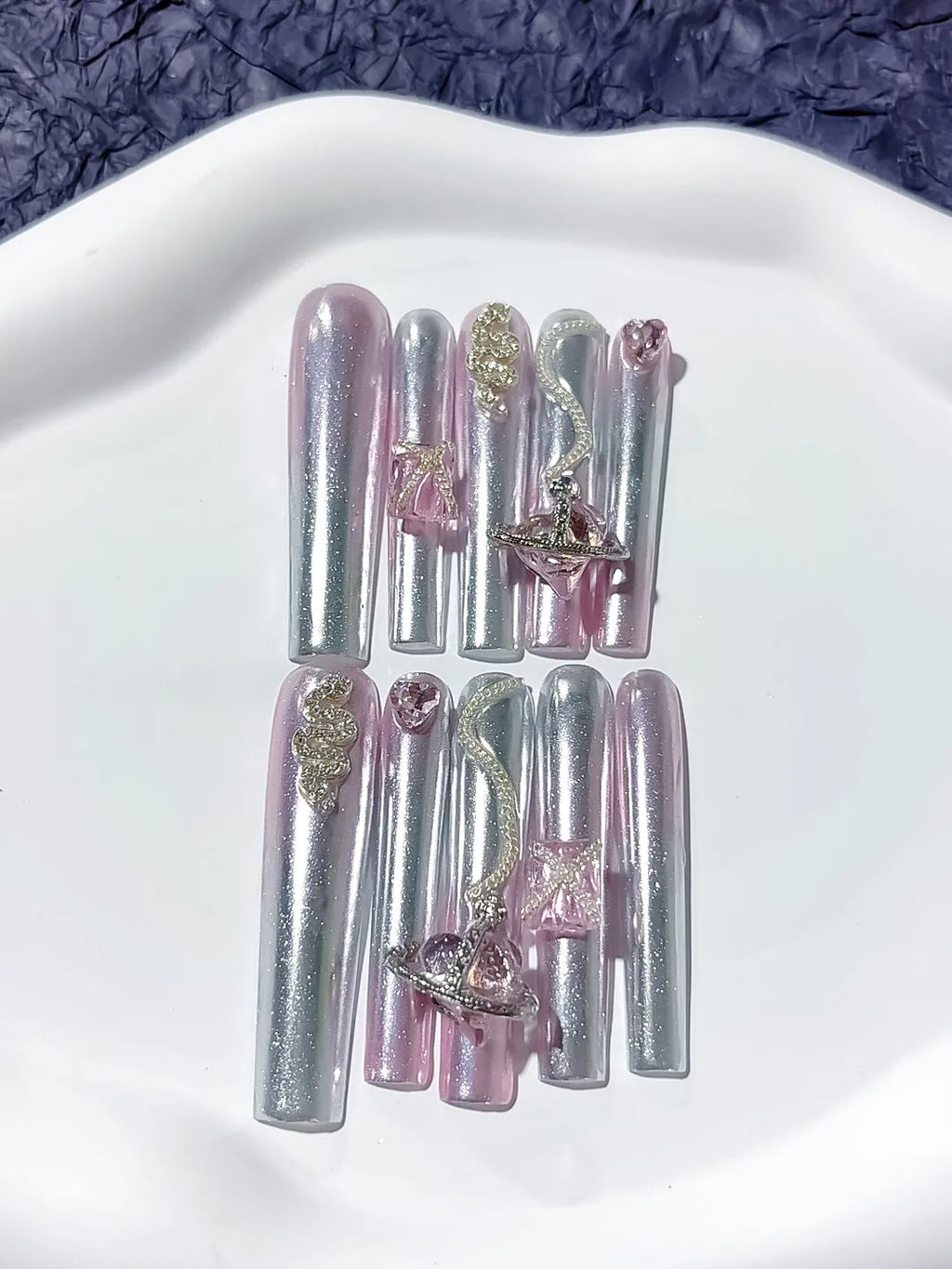 White Silver Multicolor Glitter Linework Rhinestone press on nails detail view
