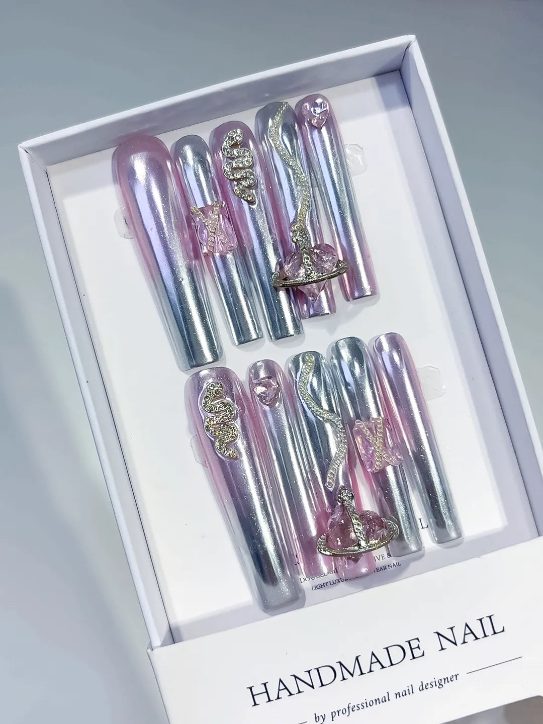 White Silver Multicolor Glitter Linework Rhinestone press on nails angled view
