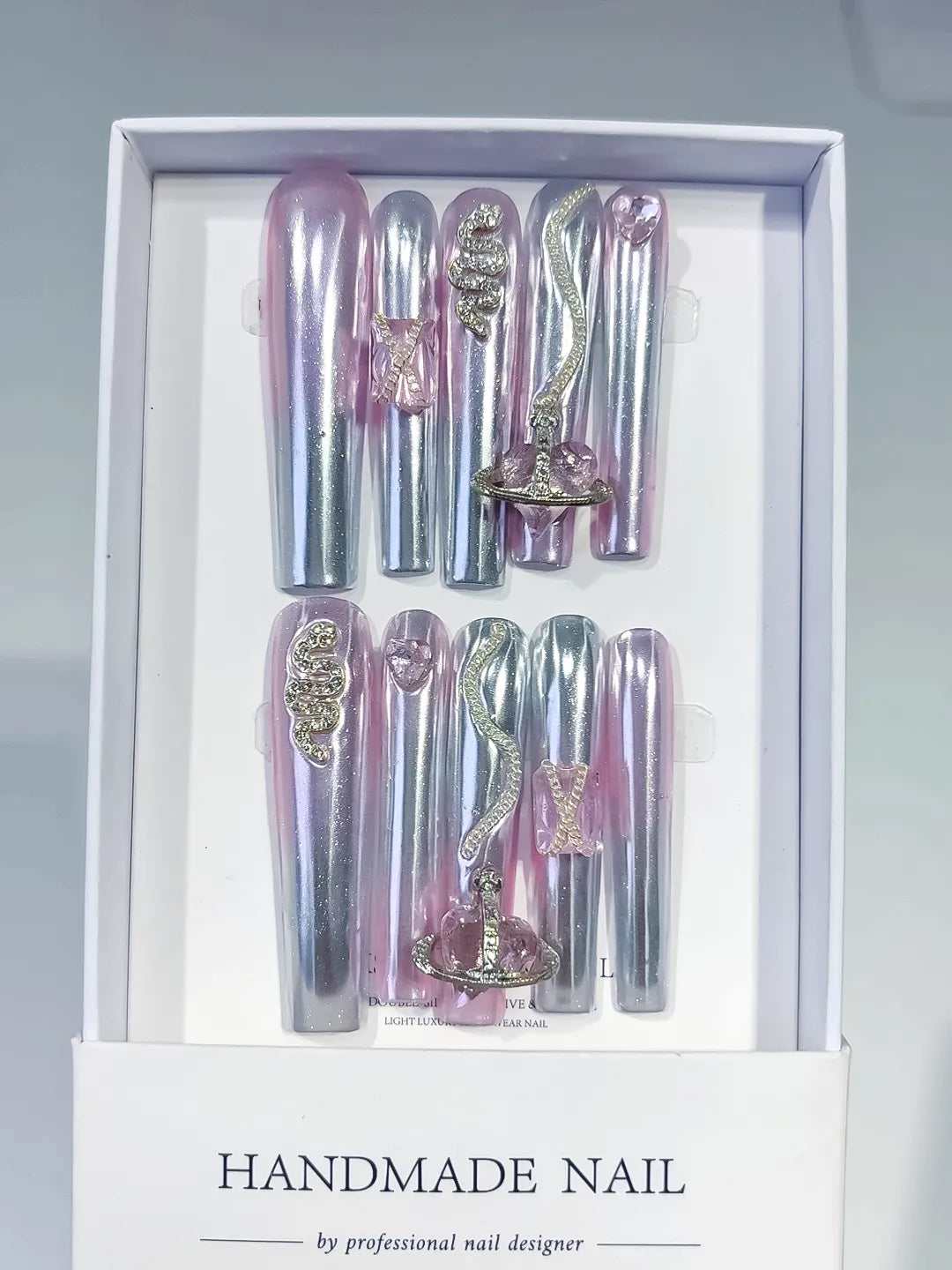 White Silver Multicolor Glitter Linework Rhinestone press on nails full set view