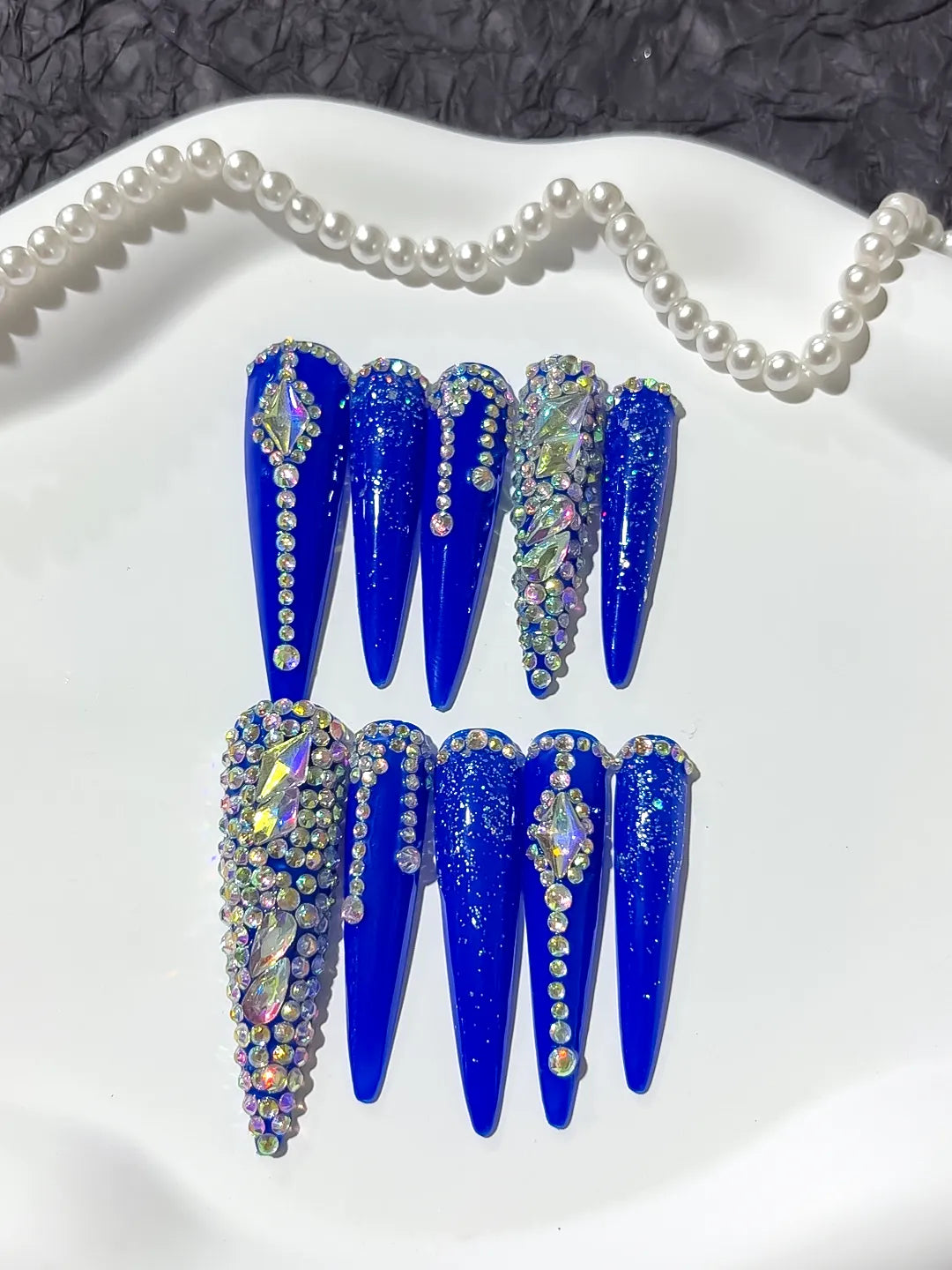 Blue Silver Solid color Rhinestone Glitter press on nails close up