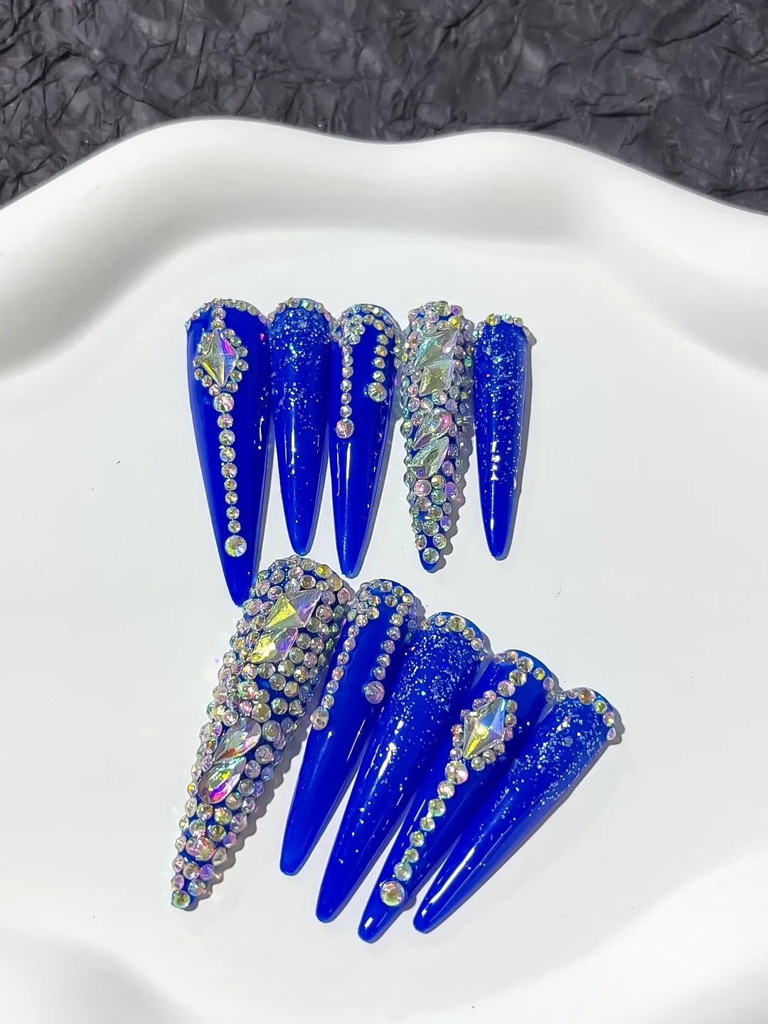 Blue Silver Solid color Rhinestone Glitter press on nails detail view