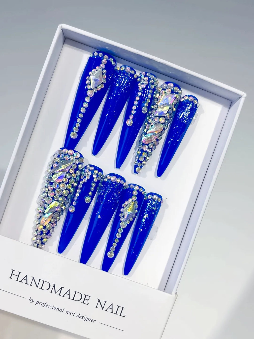 Blue Silver Solid color Rhinestone Glitter press on nails