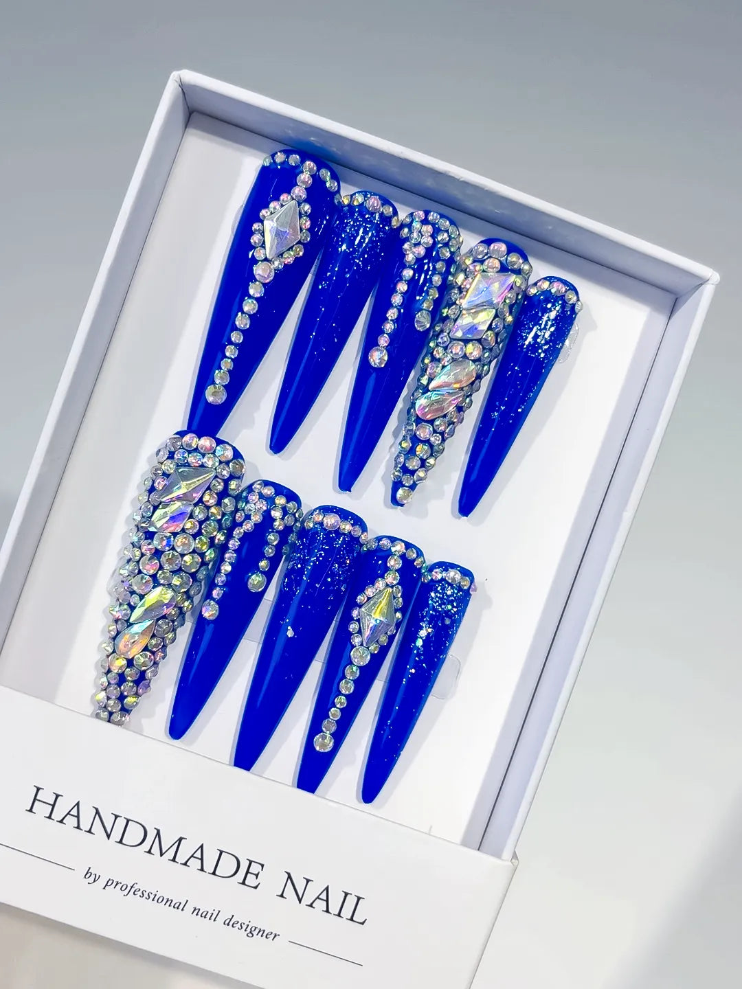 Blue Silver Solid color Rhinestone Glitter press on nails