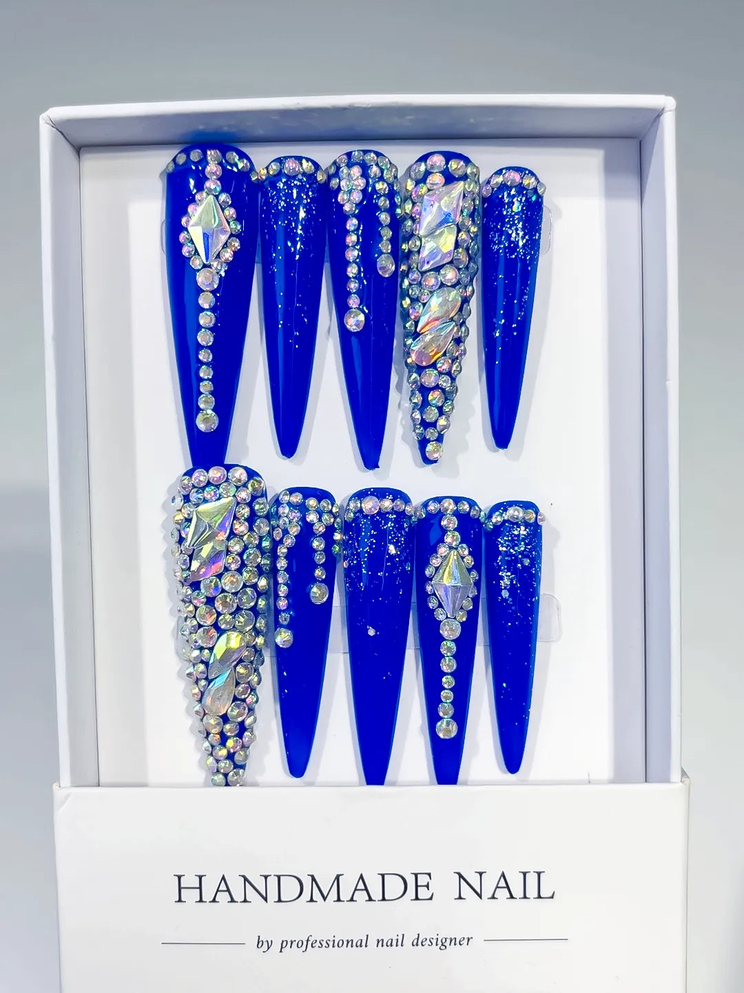 Blue Silver Solid color Rhinestone Glitter press on nails full set view