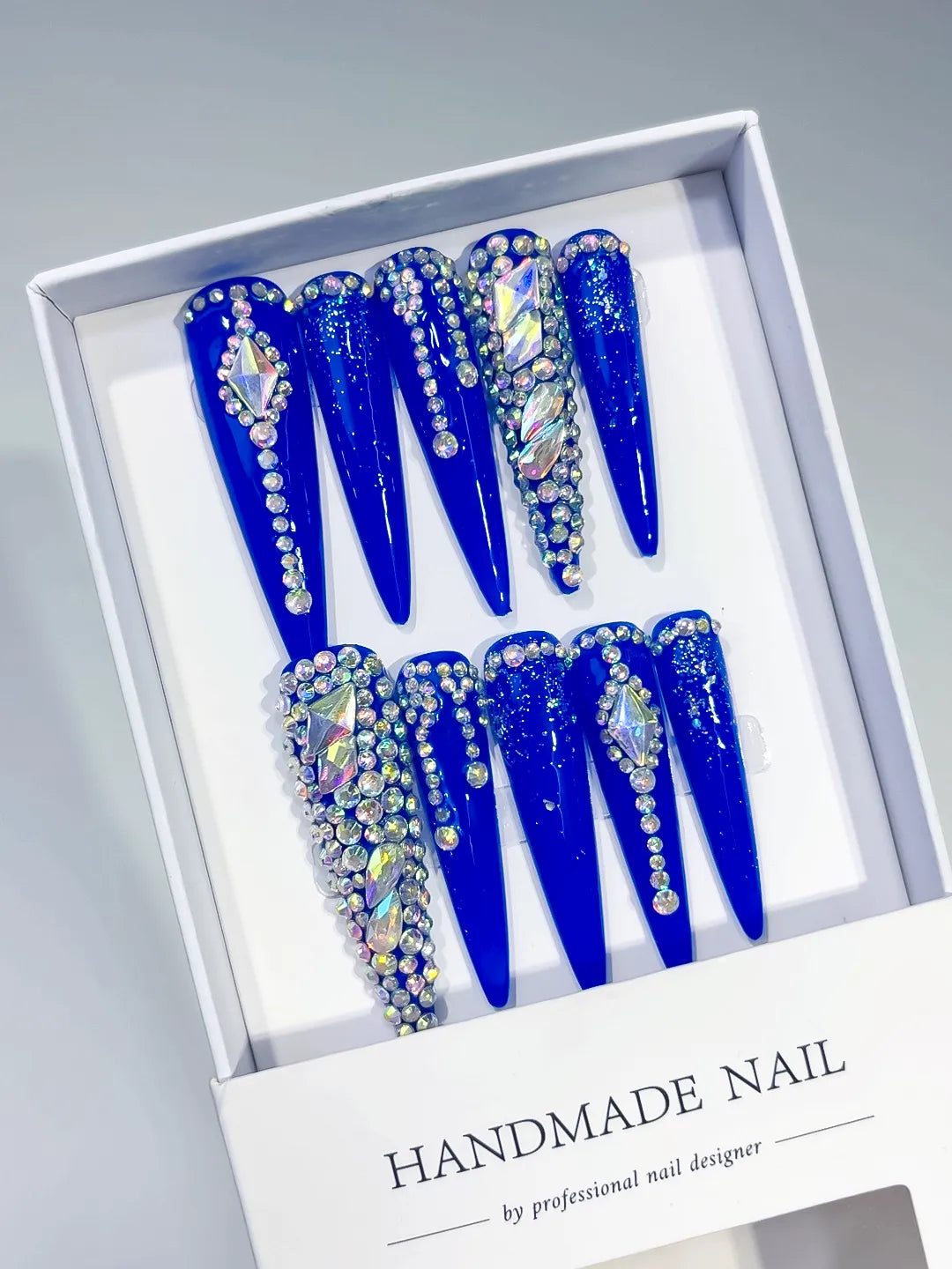 Blue Silver Solid color Rhinestone Glitter press on nails angled view